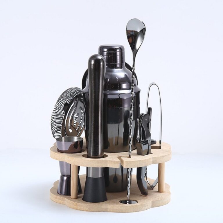 Bar Set Gunmetal Black Stainless Steel Cocktail Shaker Set with Bamboo Stand – JN033